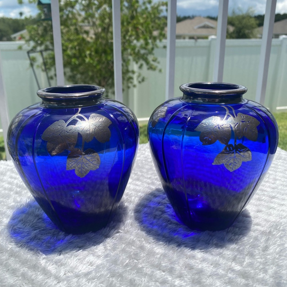 Vintage Cobalt Blue Vases w/ Sterling Silver Overlay Ivy Leaf Design - Mosser